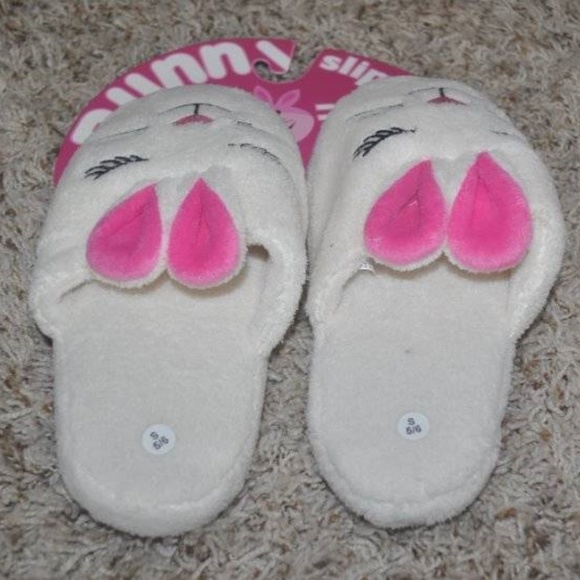Slippers Slide Plush White Bunny Scuff Cushioned Non Slip Cushioned Adult Kids - Picture 3 of 4